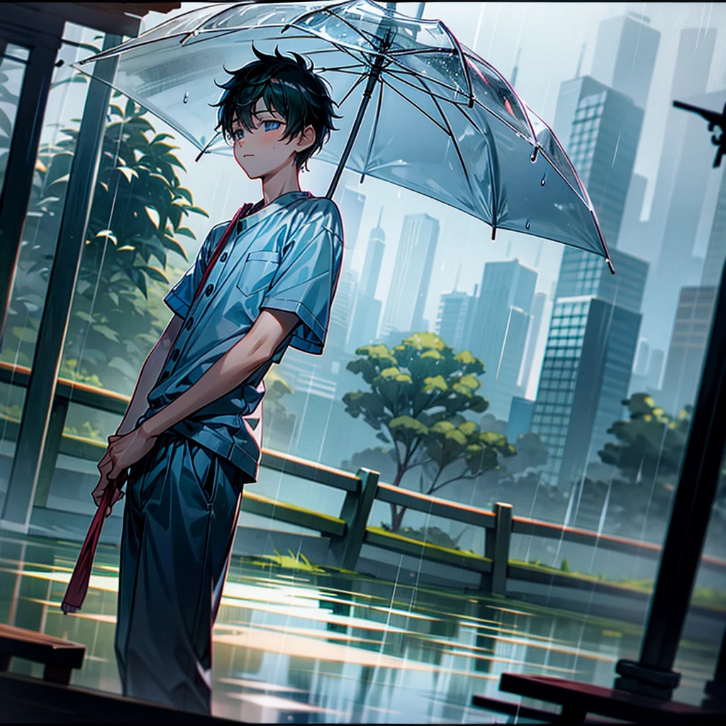 and boy in rainy season