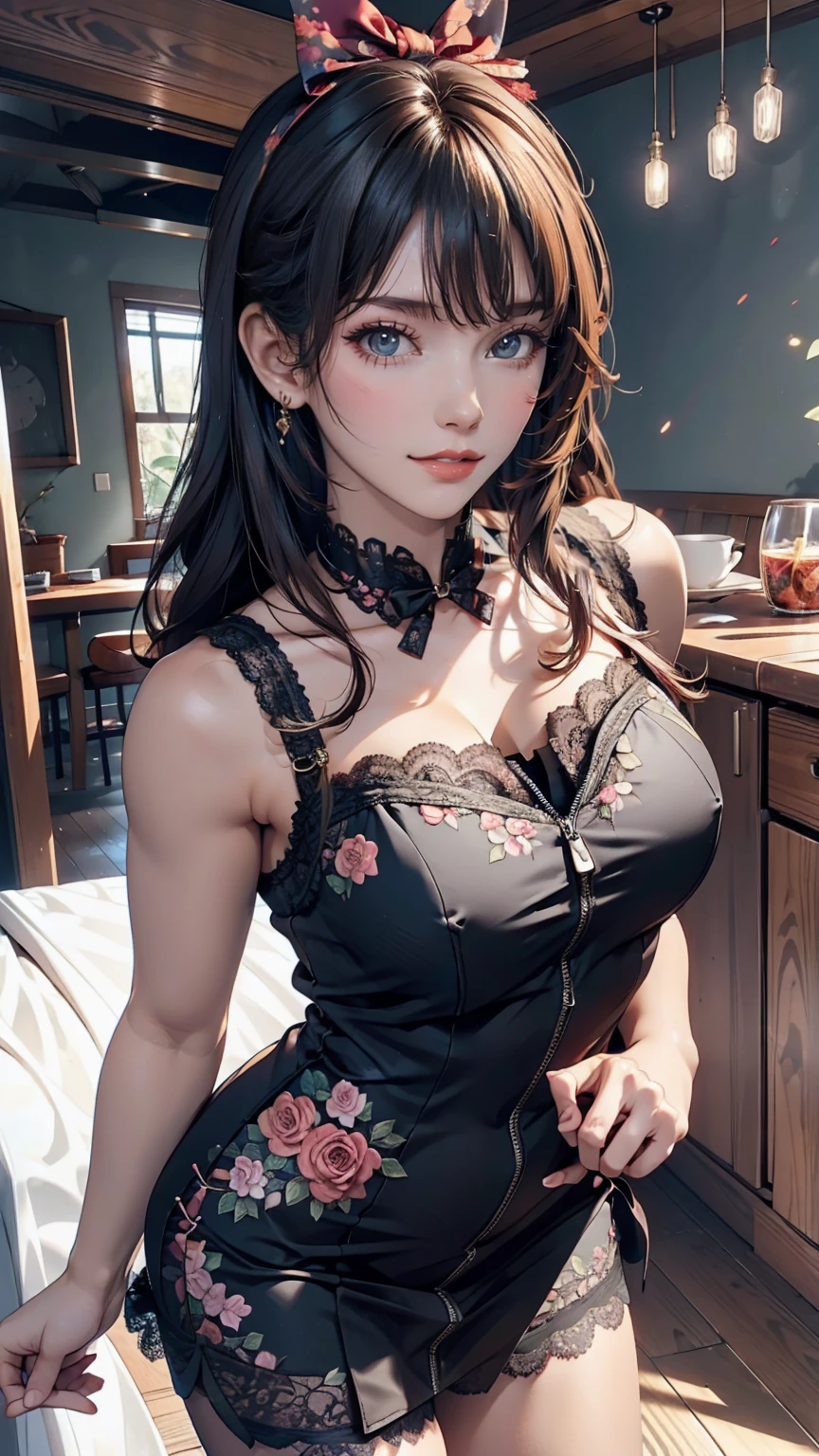 24-year-old woman、Sexy proportions、Sexy、Sleeveless floral lace switching high waist ribbon zip design tight mini dress