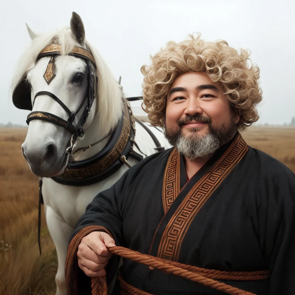 (Best Quality:1.2), (high resolution:1.2), (beautiful face and eye:1.2), (sharpest focus:1.2), (Ultra-realistic Photo:1.2), (Ultra-precise Photo:1.2), (Depth of field:1.2), (perfect ???????:1.2), (nice hands:1.2), (perfect hands:1.2), 
(He is pulling a white horse of shining beauty and imposing stature:1.0), (A short, small, fat, mature Chinese man in ordinary clothes of a dull commoner of the Song dynasty in China:1.0), (Frizzy dull golden short hair and beard:1.0),
(a contemptible but somehow charming smile:1.5), (Artistic and elaborate harness:1.0), (Endless meadows with sun shining:1.0), 