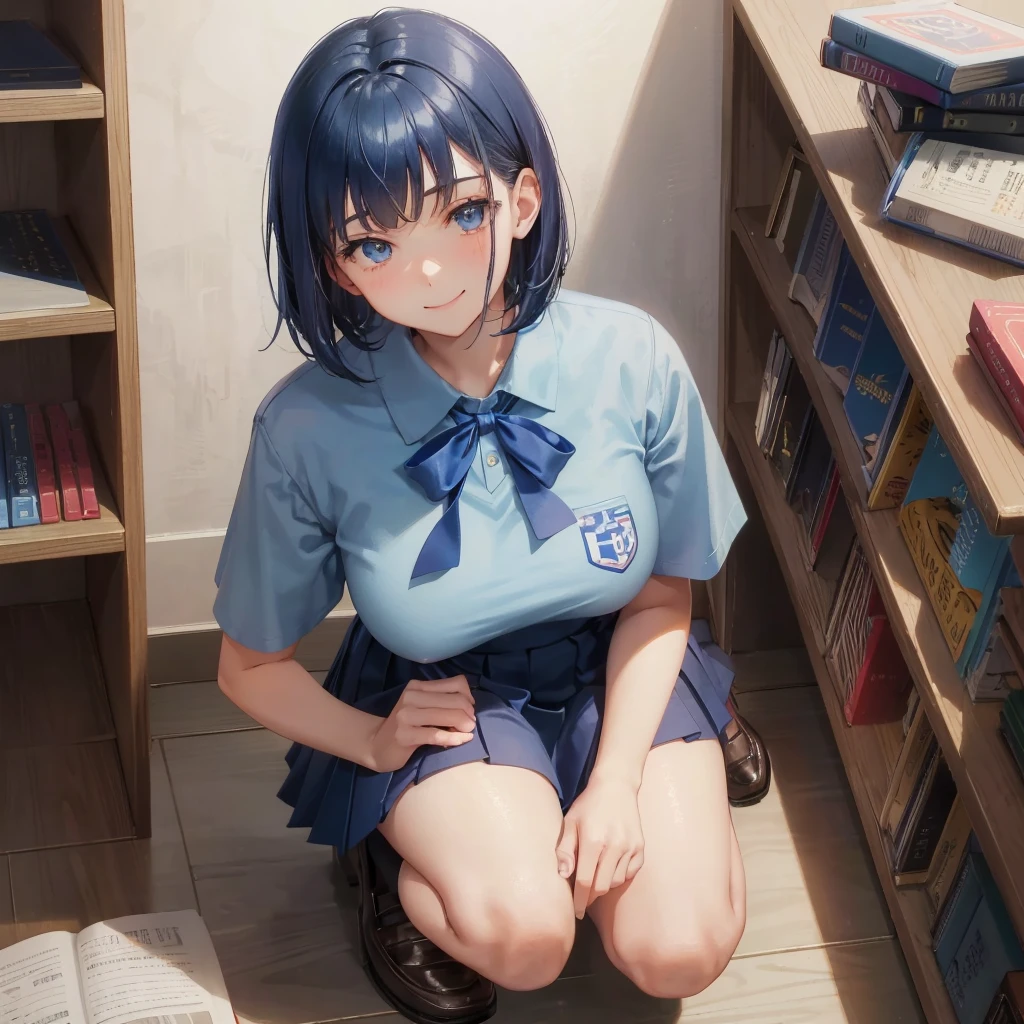 1. High school girl 17-year-old female Bobcut dark blue hair color High School Uniform Light blue Y-shirt Short sleeve Blue Ribbon dark blue hair color Slim figure Large Breasts Full body portrait 学校のlibrary Smiling Kindly Laugh a little library Hand Signs Squat Kneel Look up here