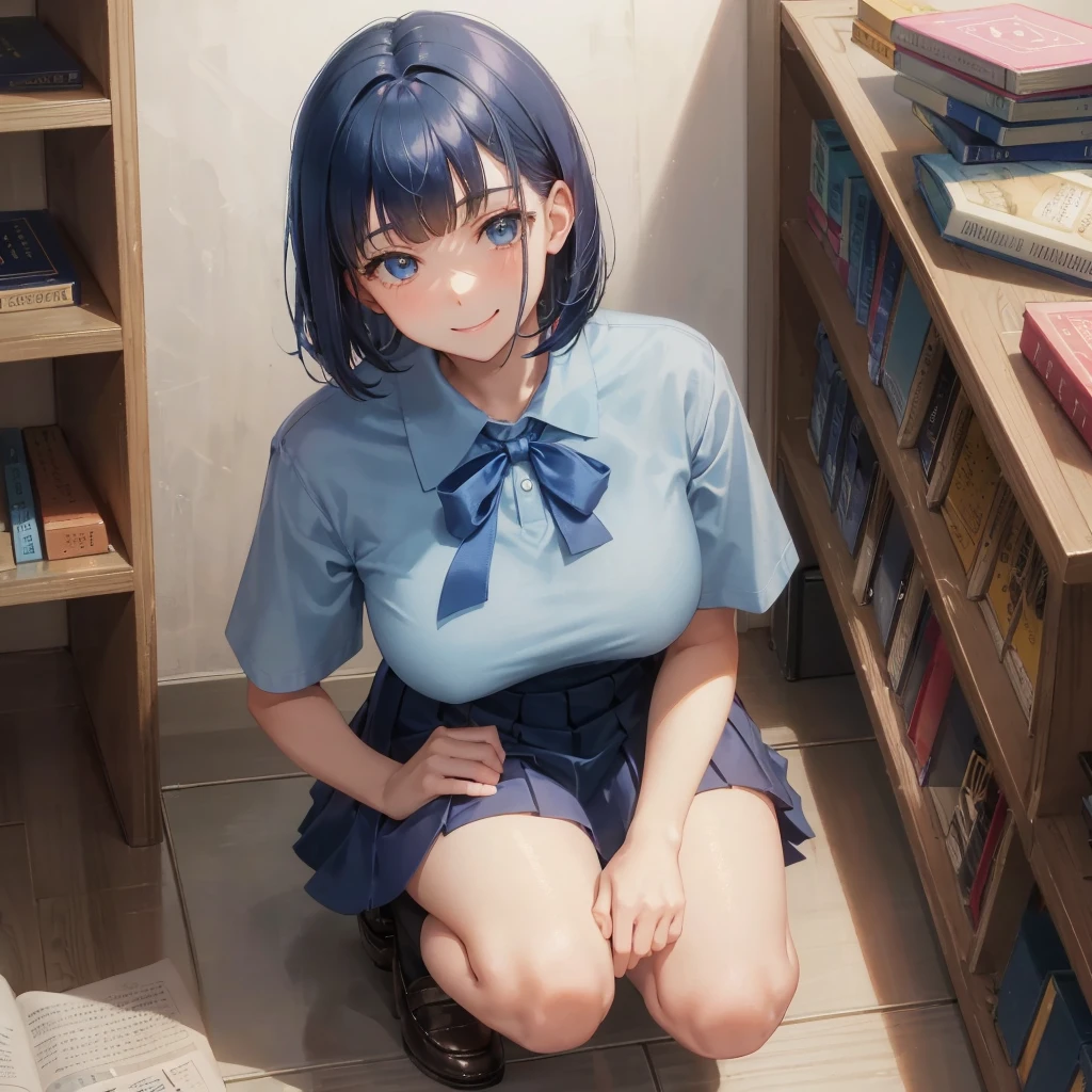 1. High school girl 17-year-old female Bobcut dark blue hair color High School Uniform Light blue Y-shirt Short sleeve Blue Ribbon dark blue hair color Slim figure Large Breasts Full body portrait 学校のlibrary Smiling Kindly Laugh a little library Hand Signs Squat Kneel Look up here