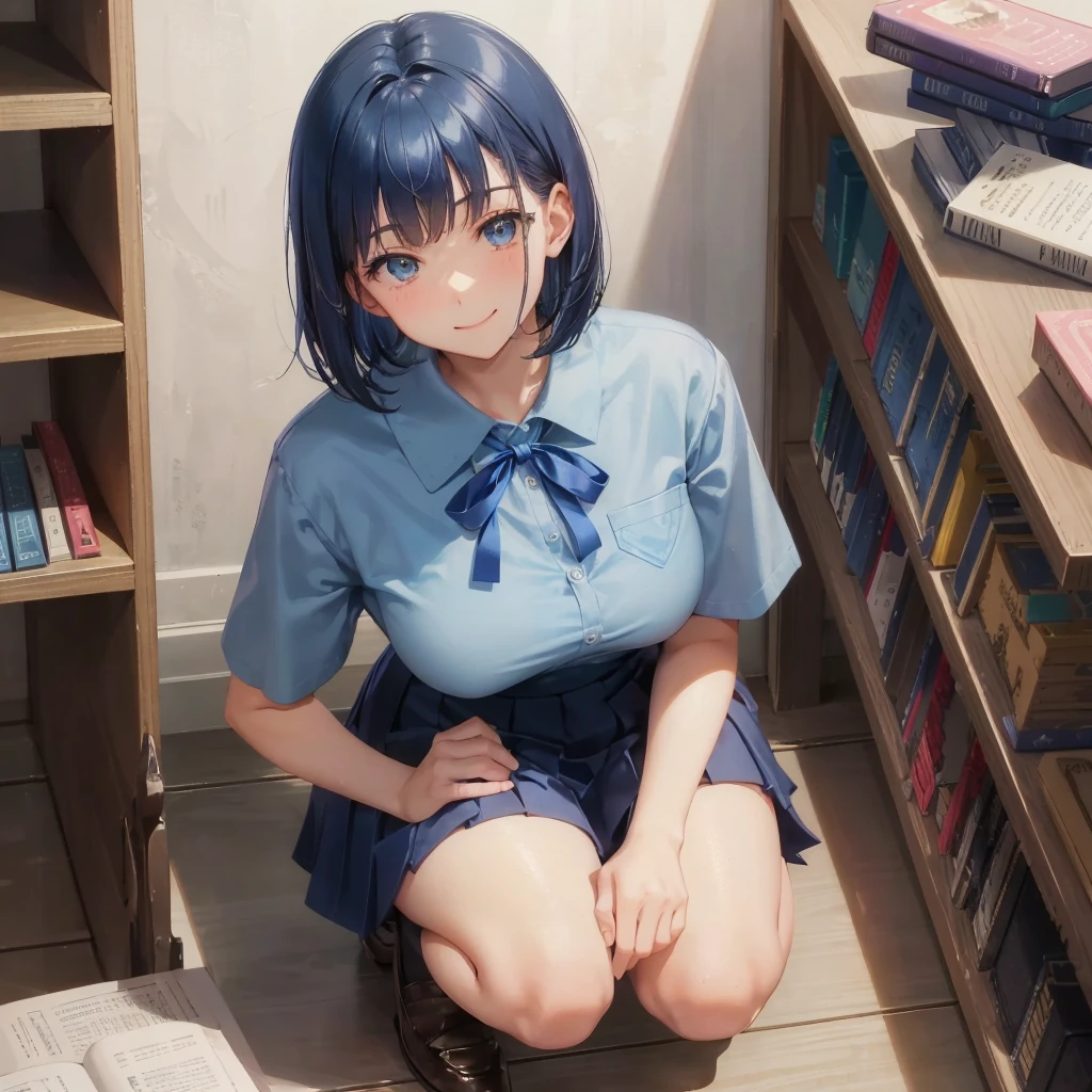 1. High school girl 17-year-old female Bobcut dark blue hair color High School Uniform Light blue Y-shirt Short sleeve Blue Ribbon dark blue hair color Slim figure Large Breasts Full body portrait 学校のlibrary Smiling Kindly Laugh a little library Hand Signs Squat Kneel Look up here