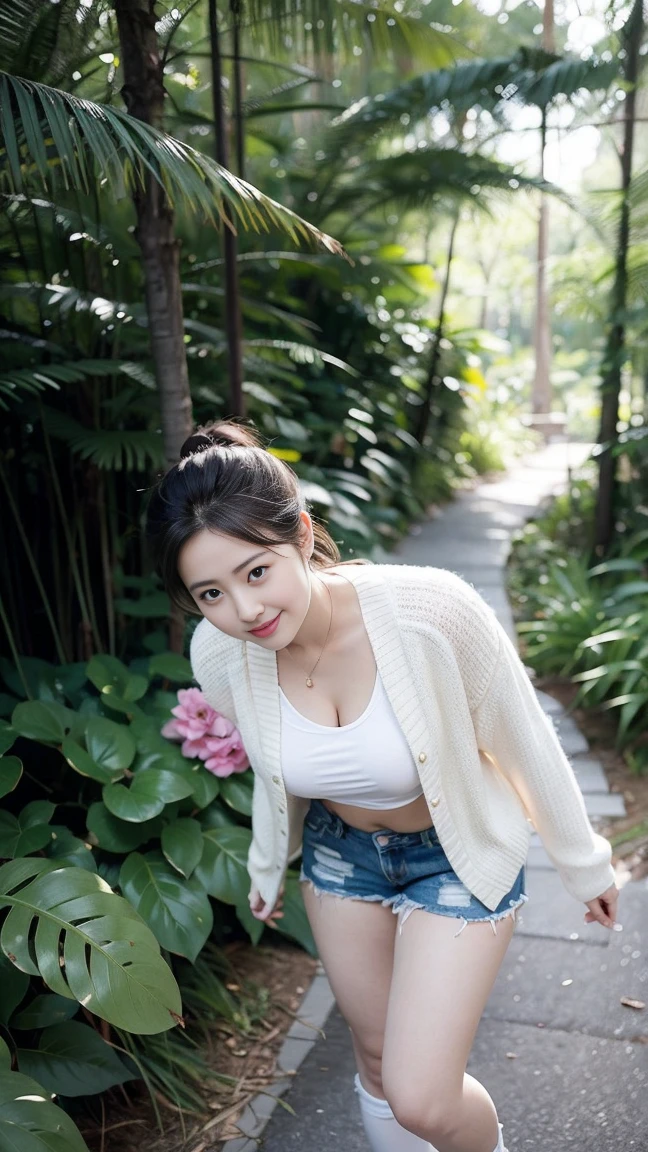 masterpiece, best quality, Surreal, Ultra Detailed, 8k resolution, RAW photos, Clear focus, (A girl in the forest),Asian woman in a blue top and white shorts posing for a photo,Breast augmentation, Full body posture, Solitary, Perfect body, Become a, 32 inches in the chest,(a charming smile:1), (sexy pose),26 years old, light,White shoes,Nozomi Takemura, Oka Yasumoto, Chiho, Ogata Aoi, Motto Cave, Yoshitomo Nara, Kakinuchi Megumi, Harumi, Kojima De Ami, Beichuan Marin