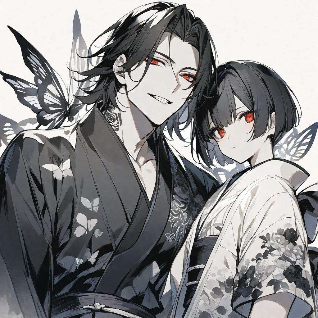 独奏,handsome, monotone,Watercolor,
1. male,
hime cut,Straight Hair,Bob Hair,
black hair, Gojo Satoru,
red Eyes,Black Rose Tattoo,butterfly Tattoo,
Black kimono,yukata,
skin,Silver Accessories,
White background,