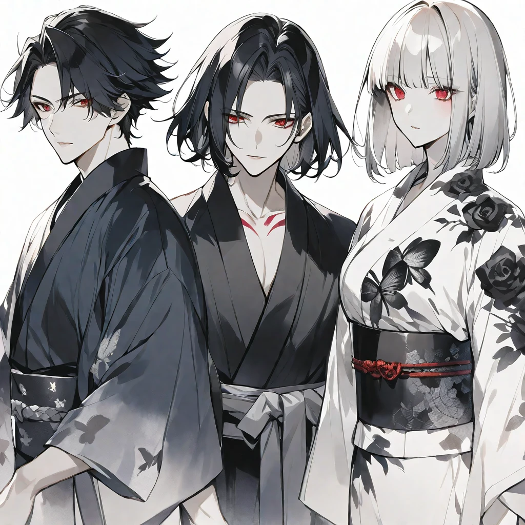 独奏,handsome, monotone,Watercolor,
1. male,
hime cut,Straight Hair,Bob Hair,
black hair, Gojo Satoru,
red Eyes,Black Rose Tattoo,butterfly Tattoo,
Black kimono,yukata,
skin,Silver Accessories,
White background,