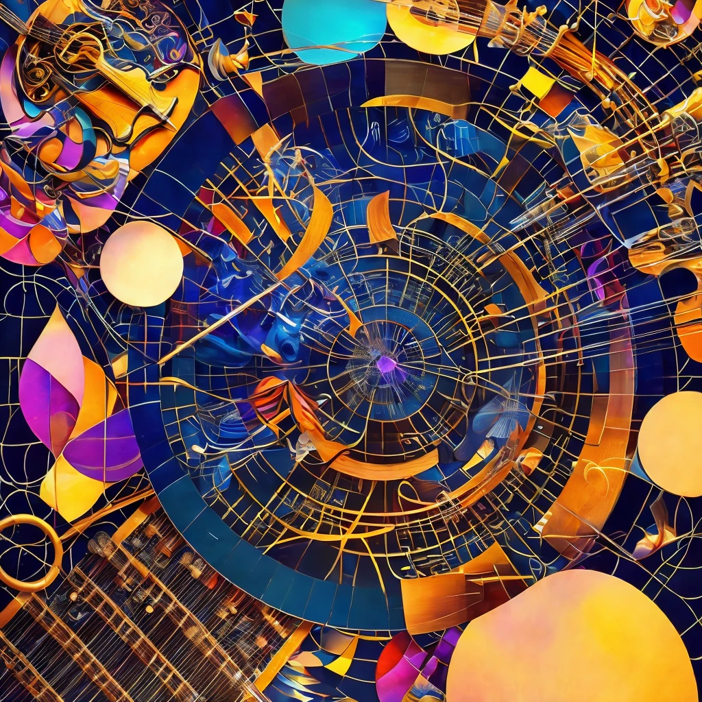 NSFW, High quality, high definition, main theme playing instruments, awe, will to endure, cognitive resonance, endless shore, birth of time, intellectual appetite, concept of self, tolerant capacity, instruments for orchestral concerto, grid pattern on background, assertive vitality, instrument dominated world view, fusion of three-dimensional and flat, striking and abstract animated tone Illustration, Heavy harmonies and fraternal symphony, Instrumental tones enhance her charm, Background design pattern blends geometry and music, Dancing musical notes and staves, One girl, One cat, Bach, Beethoven, Chopin, (trick art:1.3)