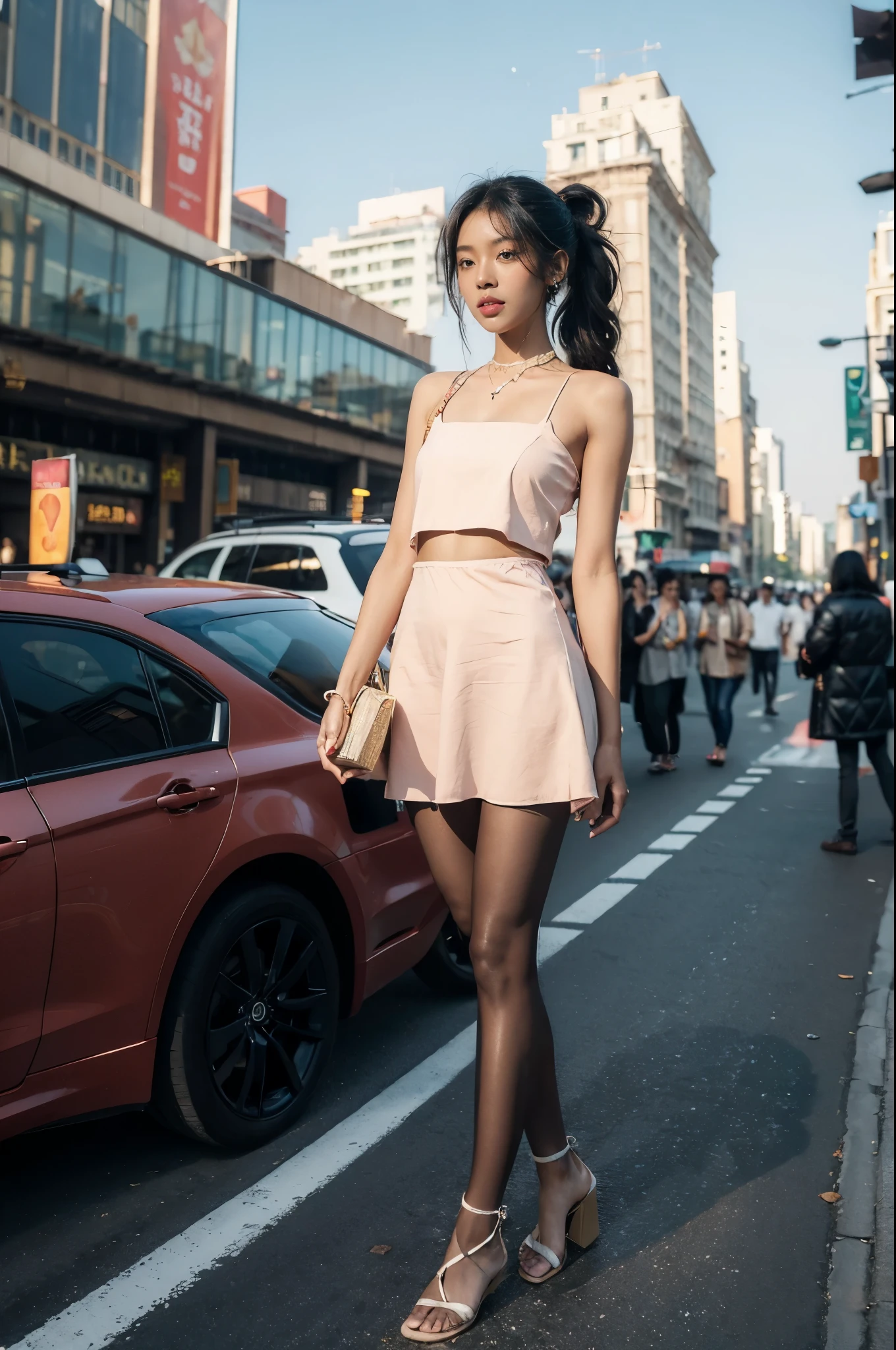 (((best quality))),(((ultra detailed))),(((masterpiece))),illustration,1girl,slim,sun-kissed skin,vibrant rose-pink cotton dress,short ponytail,flat chest,navel,slender legs,pantyhose,sandals,standing, bustling city streets, honking cars,surrounded by crowded crowds, colorful advertisements,grilled skewers,enjoying sights and sounds,(dark black skin:1.5),day scene