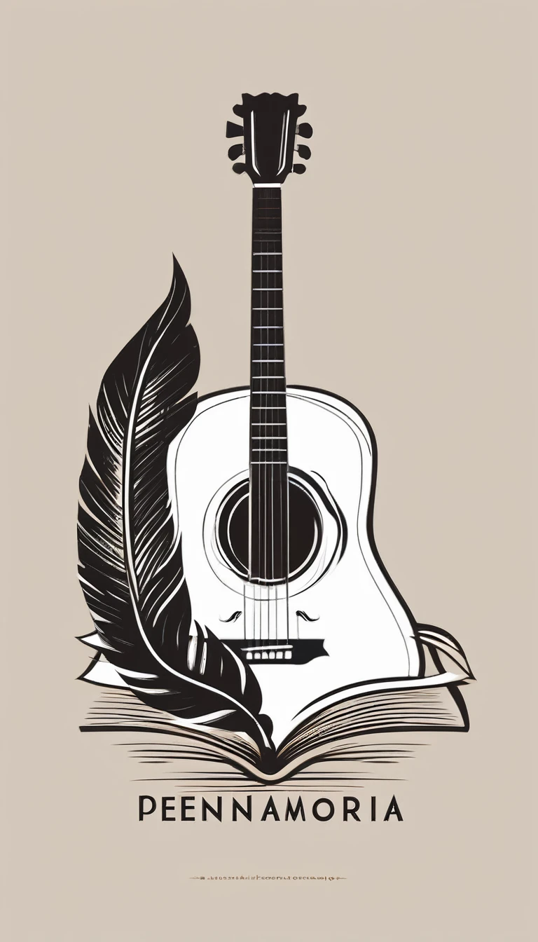 A minimal, modern, simple, cinematic logo design and emblem for the brand “Penamemoria". The logo deign must be a simple boy playing acoustic guitar and a feather The logo must convey a sense of music, stories and dreams. Logo design impressed on a book cover. Minimalistic logo