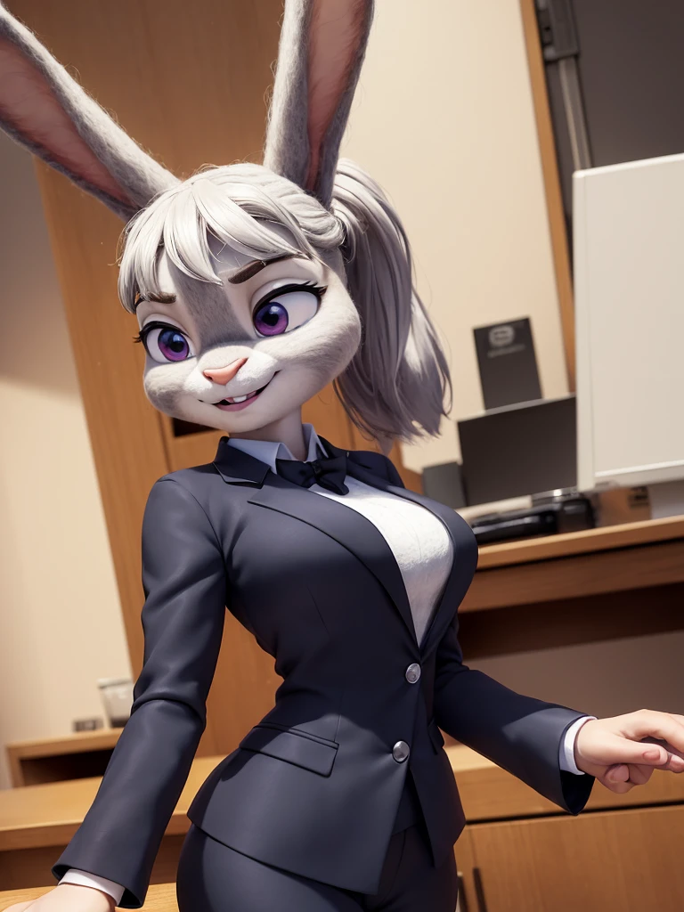 best quality, masterpiece, 3D anime, (((solo))), (((1girl))),  ((Face is JudyHopps)), (long ears like a rabbit:0.8), Heir is in a black ponytail style, Body is human lady, 	(She wear navy blue business suit, tailored jacket, white blouse, skirt:0.9), (the suit is made of wool:1.4), ((skin is silver with fluffy and fluffy)), (portrait view), In the background there is a office space, ((Her expression shows a fresh fresh smile)),