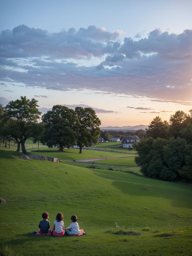 Three children sitting under a tree on a picnic. In the background a village, and beyond the village a huge wall of ice. In the back, green grassy fields and the sky at dusk