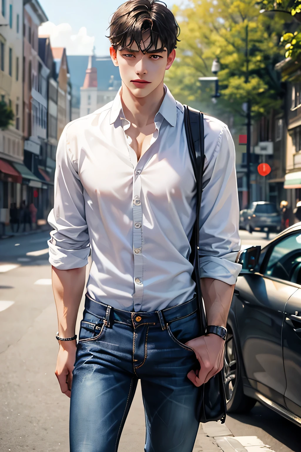 solo, 1boy, black_hair, denim, blurry, male_focus, realistic, shirt, blurry_background, jeans, pants, bag, outdoors, black_eyes, day, white_shirt, depth_of_field, looking_at_viewer, short_hair, sleeves_rolled_up, closed_mouth, dutch_angle, standing, signature, orange_shirt, buttons