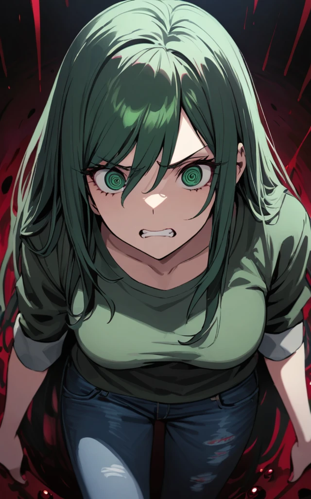(masterpiece)、(absurdres)、(ultra detailed),Crazy Eyes、despair、Dark Side、closed mouth,Blood droplets、darkness,Blood pool space、Blood dripping background:1.3、(dark green hair)、(solo girl)、(dark green eyeiddle :0.9、(straight long hair、(casual jacket)、(Tshirt)、(denim JEANS)、teeth,Anger,from above,depth underground,