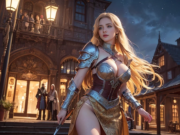 (((masterpiece, best quality))), (((high quality))), (((high resolution illustration))), (((hyper detail))),, (((Wordsworth's Sharon))),(((Very beautiful long blonde hair))), (((Very beautiful face))), ((((Detailed face)))),(((very beautiful blue eyes))),(((Realistic Skin))),(((kindly smiling, shy expression))),(((her face is flushed))),(((slim body))),(((slim thighs))),(((Moderately sized ))),(((very beautiful slender legs))),(((Pearl armor))),(((Armor with extremely detailed and intricate decoration that shows her ))),(((A skirt with extremely detailed and intricate decoration))),(((Boots with extremely detailed and intricate decoration))),(((beautiful earrings))),((A cloak with very detailed and intricate decoration))),(((A retro townscape with a beautiful old medieval Western castle late at night))),(((has a huge weapon))), (highest quality:1.6), (超A high resolution:1.5), (Realistic:1.75), 8K resolution, Canon EOS R5, 50mm, Absurd, Ultra-detailed,Cinema Lighting,(((Dignified appearance))),(((terrified face))),(((a girl and two males are  ))),(((from below view)))