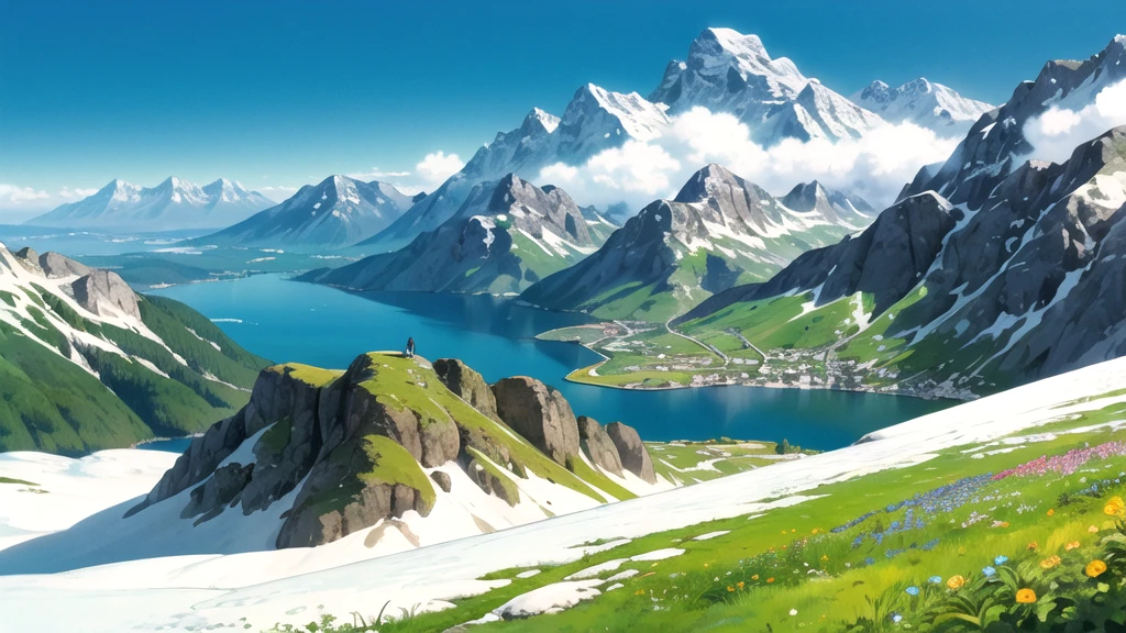 (((Ghibli style))),Humanity, Austrian Alpine meadows. Mountains in the background. Snow-capped peaks. summer. sun. good weather. photography. Mountain Lake