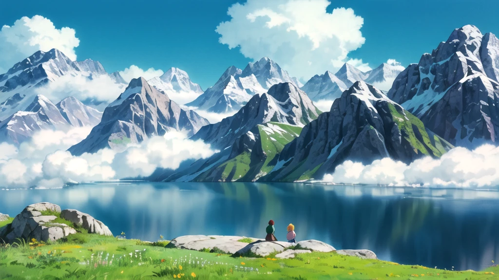 (((Ghibli style))),Humanity, Austrian Alpine meadows. Mountains in the background. Snow-capped peaks. summer. sun. good weather. photography. Mountain Lake
