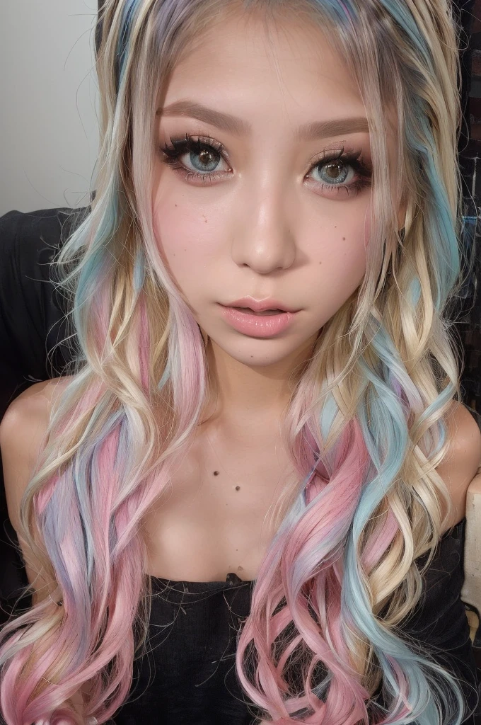 Close-up of a woman with long hair and a pink and blue wig, pastel colourのロングヘア, Blonde hair with pink highlights, Portrait of a black gal in Japan, pastel colourの髪, pastel colour, long Bubble Gum Hair, Colorful pastels, Pink pigtails and cyan eyes, Pastel Makeup, light-colored hair streaks, messy curly pastel colourの髪, Bubble Gum Hair