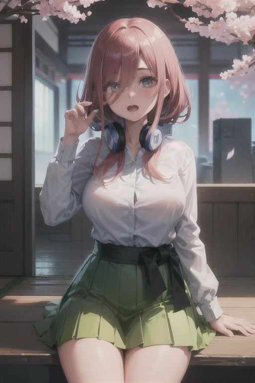 masterpiece, best quality, ultra-detailed, glistening shiny, glowing light, ray tracing, HDR, deph of field, (perfect face, detailed face, detailed eyes,perfect hands),(medium boobs:1.2),8k,HD,ultra realistic face,ray tracing,perfect lighting,best quality, ultra-detailed, shiny eyes, (looking at viewer,open mouth smile:1.1), ((1girl)), (mature female:1.4),cowboy shot,thighs,
miku,long hair,((gradient hair)),multicolored eyes, gradient eyes, (glowing eyes:1.5), mascara, (fashion make up), parted lips,blush,skirt,shirt,long sleeves,white shirt, pantyhose,pleated skirt, collared shirt, black pantyhose, petals, headphones, , ((nude, breasts and vagina exposed, vulva and clitoris exposed)),, between legs, hand between legs, headphones around neck, hand on headphones,
(( futuristic city , buildings, Japanese graffiti walls:1.1, neons, night,cherry trees, flying cherry blossom petals,moon,japanese architecture, japanese lamps)),(complex background, many elements in the background:1.2),((super detailed background)), mistress poses, ((8k wallpaper)), 