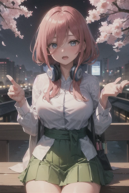 Masterpiece, Best Quality, ultra detailed, shiny shiny, bright light, ray tracing, High DefinitionR, depth of field, (Perfect face, detailed face, detailed eyes,perfect hands),(medium tits:1.2),8k,High Definition,Ultra realistic face,ray tracing,perfect lighting,Best Quality, ultra detailed, bright Eyes, (looking at the viewer,open mouth smile:1.1), ((1 girl)), (mature woman:1.4),cowboy shot,Thighs,
miku,wide,((faded hair)),multicolored eyes, Gradient eyes, (bright Eyes:1.5), mask, (fashion makeup), Chapped lips,blush,Skirt,shirt,long sleeves,white shirt, shackles,pleated Skirt, collared shirt, black shackles, Petals, headphones, cardigan, green Skirt, between the legs, hand between the legs, headphones around neck, blue cardigan, hand on headphones,
(( futuristic city , Buildings, Japanese graffiti walls:1.1, neons, evening,Cherry trees, flying cherry blossom Petals,officer,Japanese architecture, japanese lamps)),(complex background, many elements in the background:1.2),((Super detailed background)), lover poses, ((8K Wallpaper)),
