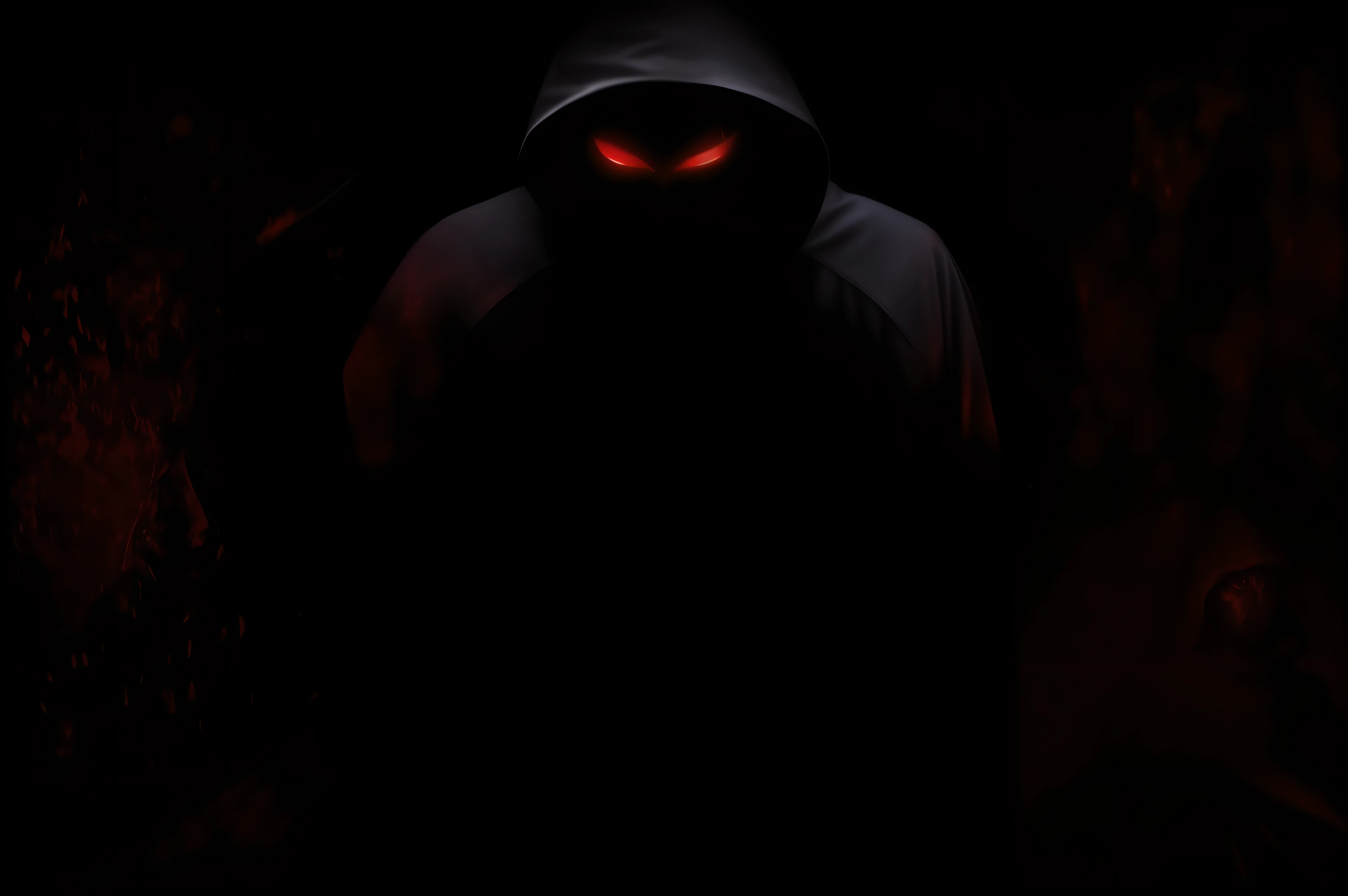 arafed hooded man in a dark room with a red light, darkness background, faceless people dark, background ( dark _ smoke ), darkness's background, dark cloaked figure, dark supervillain, backround dark, With glowing red eyes, complete darkness background, dark backround, A black cloak hidden in the shadows, dark ominous stealth, dark wallpaper