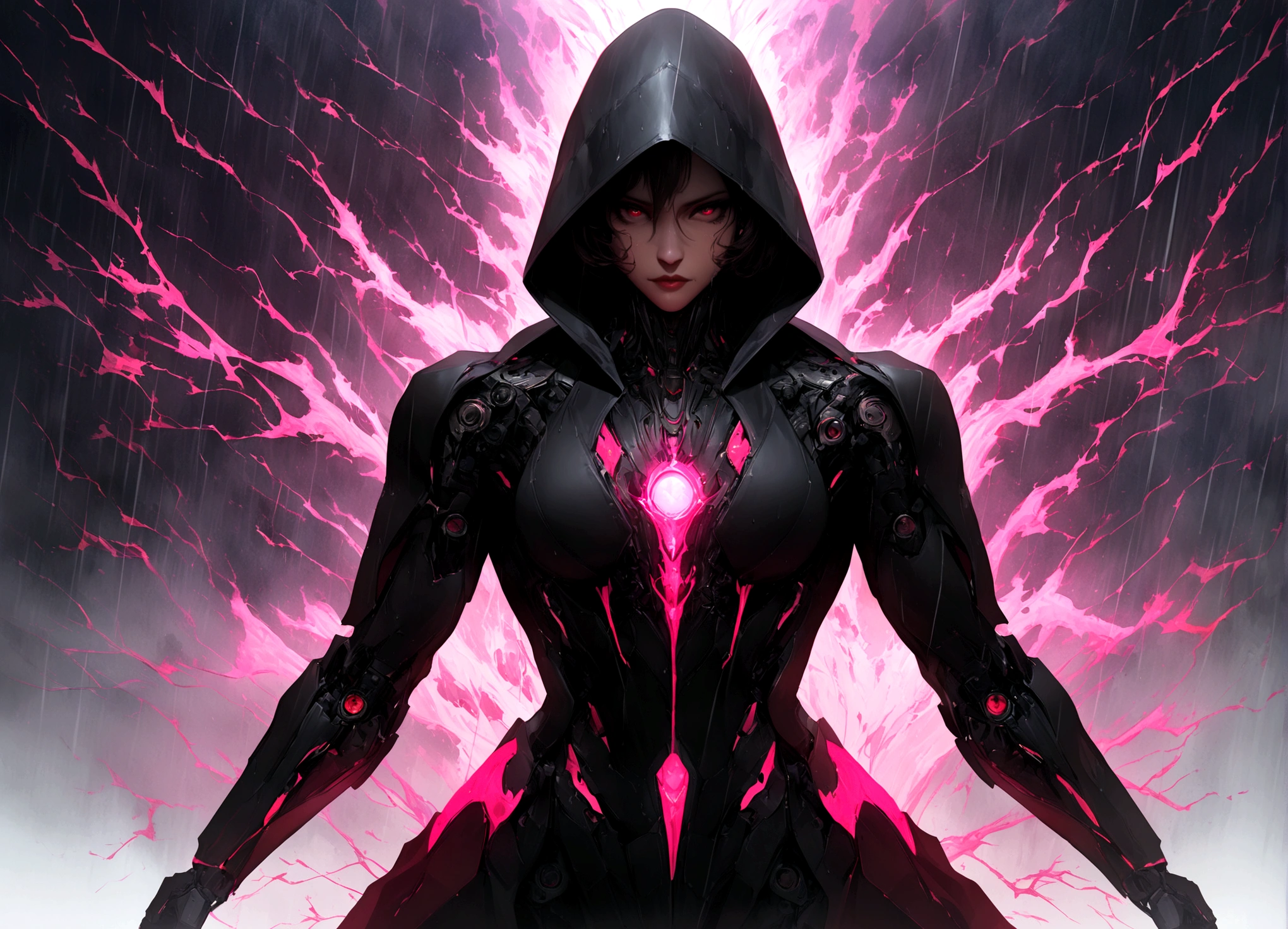 masterpiece, cyborg, The body is glamorous、, Wearing a hood, Shrouded in shadow, , Positano colours, Completely in frame, whole body, Emits electrical energy, whole body, Beautiful anime waifu style man, Ultra-detailed CG paintings, Luminism, Art by Kahn Griffith and Vadim Kashin Concept Art, 8K resolution, Fractal isometric details Bioluminescence , complicatedly detailed , Cinematic, trending on art station Isometric Centered hyper Realistic cover photo awesome full color, Grainy, Realistic, complicated, Hit definition , Cinematic, Bold, Vibrant, amazing, Super high quality model、Being pelted by rain in the dark、Controlling Lightning、Red eyes