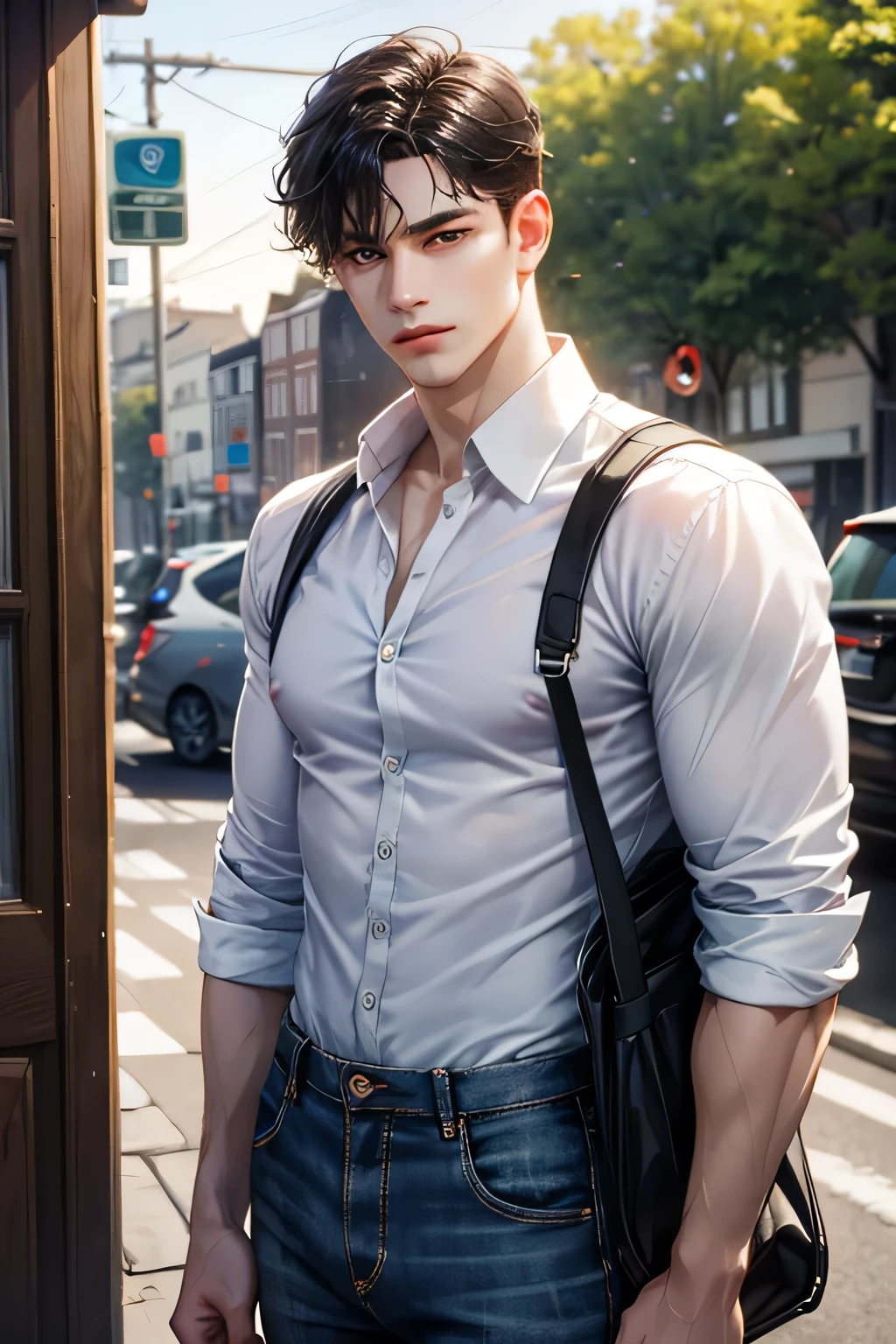 solo, 1boy, black_hair, denim, blurry, male_focus, realistic, shirt, blurry_background, jeans, pants, bag, outdoors, black_eyes, day, white_shirt, depth_of_field, looking_at_viewer, short_hair, sleeves_rolled_up, closed_mouth, dutch_angle, standing, signature, orange_shirt, buttons