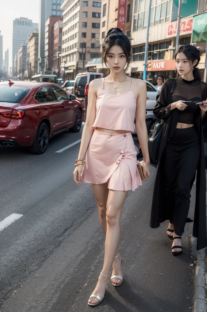 (((best quality))),(((ultra detailed))),(((masterpiece))),illustration,1girl,slim,sun-kissed skin,vibrant rose-pink cotton dress,short ponytail,flat chest,navel,slender legs,pantyhose,sandals,standing, bustling city streets, honking cars,surrounded by crowded crowds, colorful advertisements,grilled skewers,enjoying sights and sounds,(dark black skin:1.5),day scene