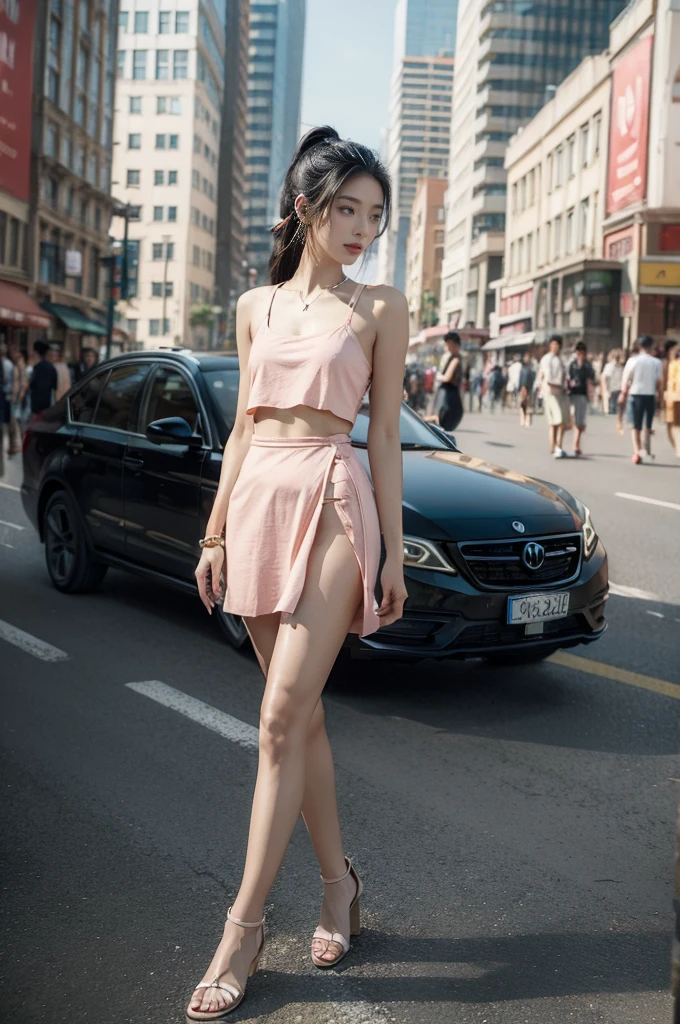 (((best quality))),(((ultra detailed))),(((masterpiece))),illustration,1girl,slim,sun-kissed skin,vibrant rose-pink cotton dress,short ponytail,flat chest,slender legs,pantyhose,sandals, bustling city streets, honking cars,surrounded by crowded crowds, colorful advertisements, street food vendor, grilled skewers, spicy sauce, enjoying sights and sounds,(darkened black skin:1.5),upper body