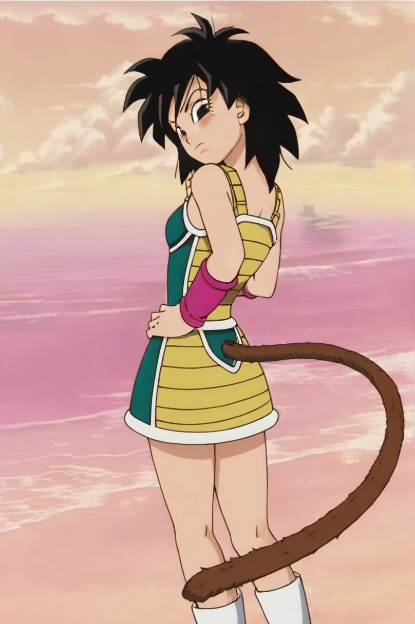 source_anime, score_9,score_8_up, score_7_up, ginedb, anime screencap,
Obra maestra, mejor calidad, alta calidad,1girl, solo, looking at viewer, blush, cityscape, black hair, brown eyes, looking back, from behind, black eyes, hand on hip, frown, pink wristband, green skirt, monkey tail, saiyan armor, hand on shoulder, medium hair, green saiyan armor, eyelashes, eyebrows, butt crack, bare shoulders, spiked hair, fingernails, Cuerpo sexy, culo desnudo apretado