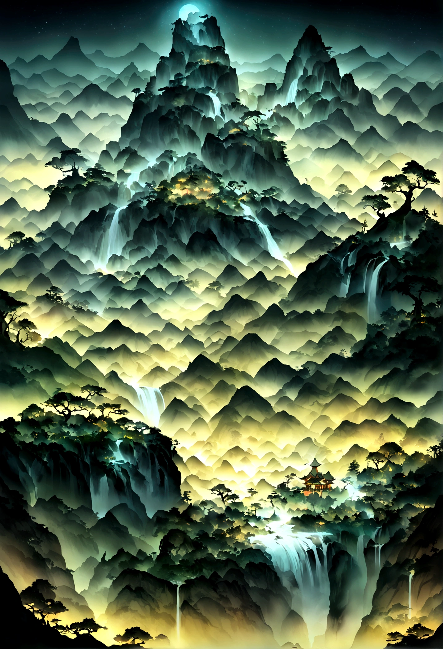 ((Mountain,Cave)),Lots of glowing plants,Mysterious forest,Bird,Fog was raging,Cave,Star bright,Mysterious and dreamy,Chinese style,Immortal World,Xianxia World,((nobody))