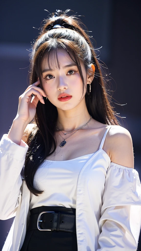 (Extra detailed body、The face is rich in detail、Best quality:1.2)、20-year-old sweet girl、Looking at the audience、(Quirky stylish、Large shoulder-length piercing、A necklace、Contrast purple, White and black clothes、Asymmetry:1.3),Huge breasts