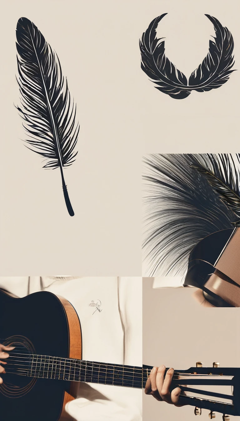 A minimal, modern, simple, cinematic logo design for the brand “Penamemoria". The logo deign must be a simple boy playing acoustic guitar and a feather The logo must convey a sense of music, stories and dreams. Logo design impressed on a book cover. Minimalistic logo