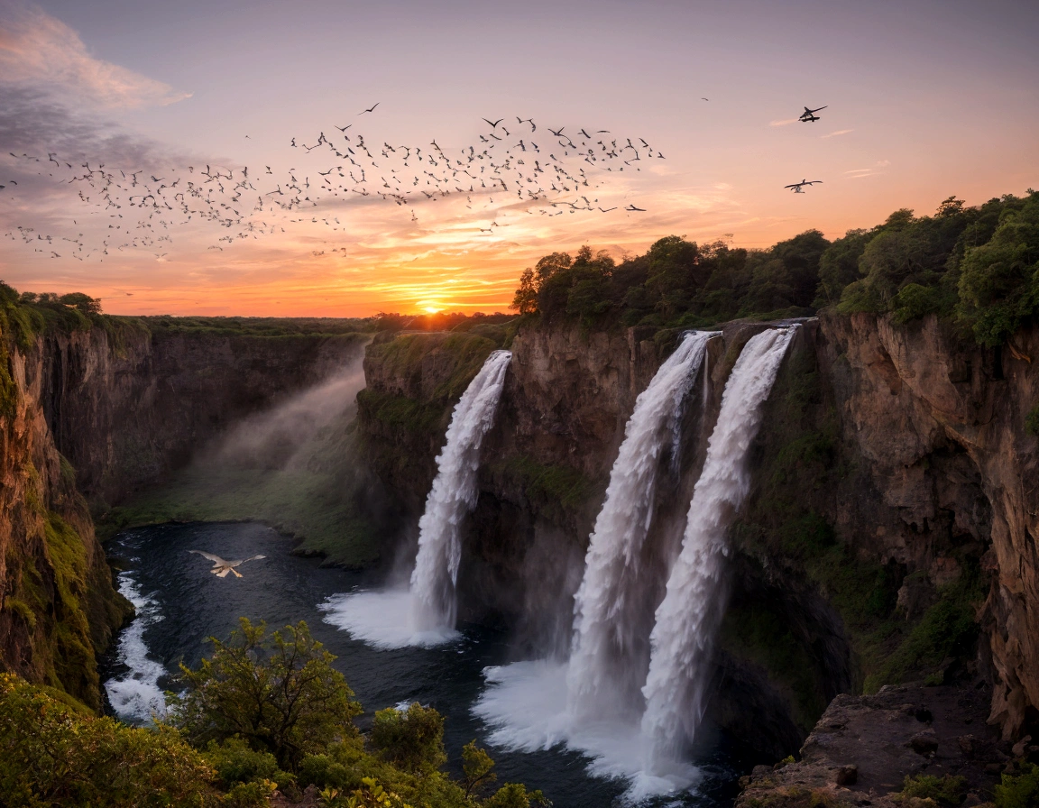 Portraiture, photography, Hermaphroditic landscape, Birds fly over the waterfall , Brilliant sunset