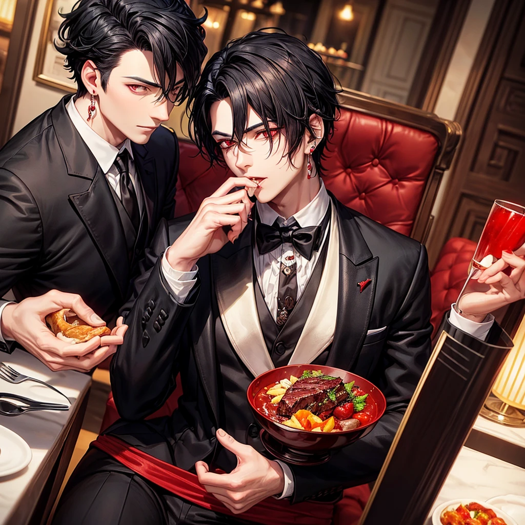A gentleman,with red eyes and black hair with wolf cut hairstyle,wearing tuxedo,wearing earrings and necklace,eating at steak restaurants