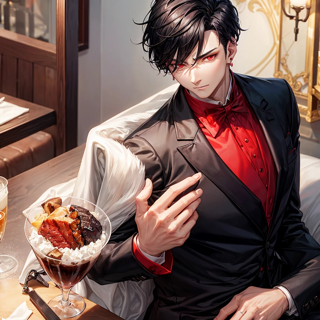 At night, by the window, Red Moon, a handsome boy with a large piece of raw meat in his hand, about to turn into a zombie, short black hair, white suit, red eyes, raw meat, coffee table, no plate, no blood, highly real, 4K, chiaroscuro, super high detail,