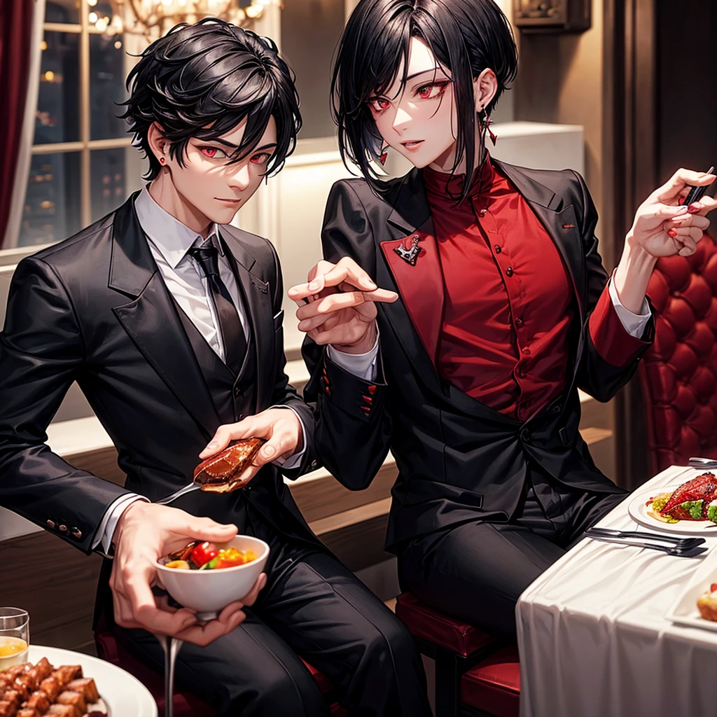 A gentleman,with red eyes and black hair with wolf cut hairstyle,wearing tuxedo,wearing earrings and necklace,eating at steak restaurants