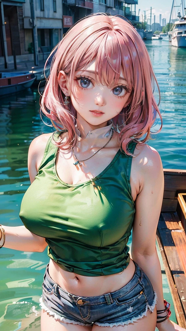 (Masterpiece, BestQuality:1.3), (ultra detailed:1.2), (hyperrealistic:1.3), (RAW photo:1.2), High detail RAW color photo, professional photograph, (Photorealistic:1.4), (realistic:1.4), professional lighting, perfect ???????, (???????????:1.2), (blush, detailed face), (cheerful Smile:1.5), Trending Hair&Trending Hairカラーをランダムに, earrings, necklace, bracelet, sexly, ?????? sexly, Random ???? gravure poses, (A beautiful pink-haired woman wearing a green tank top and shorts、Smiling and posing sexily at a summer boat party。:1.3)