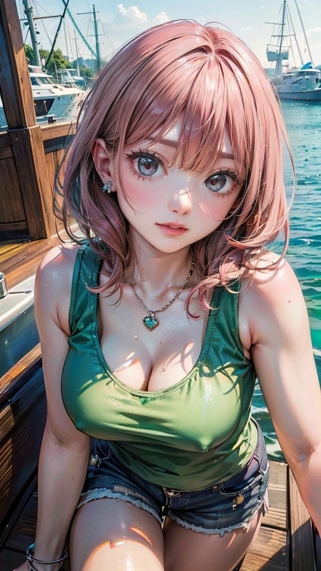 (Masterpiece, BestQuality:1.3), (ultra detailed:1.2), (hyperrealistic:1.3), (RAW photo:1.2), High detail RAW color photo, professional photograph, (Photorealistic:1.4), (realistic:1.4), professional lighting, perfect anatomy, (Big Breasts:1.2), (blush, detailed face), (cheerful Smile:1.5), Trending Hair&Trending Hairカラーをランダムに, earrings, necklace, bracelet, sexly, erotic sexly, Random sexy gravure poses, (A beautiful pink-haired woman wearing a green tank top and shorts、Smiling and posing sexily at a summer boat party。:1.3)