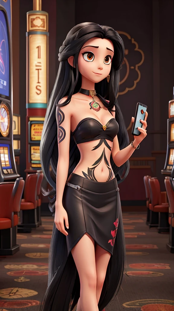 Woman long black hair tattoo arm chest, cell phone in hand in a casino