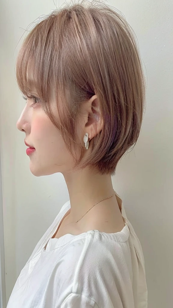 white wall、Taken in front of the white door、(A room with a white wall and a window)、(8K、Raw photo、highest quality、masterpiece:1.2)、High-definition RAW color photo、professional photos、(realistic、Photo realistic:1.37)、Shot in natural light、1 girl、laughter、Versatile poses、Spring clothes、 necklace、(Beautiful profile:1.3)、Don't look at the camera、profile、shortcut、((bright hair color))、short hair、Shot in natural light、High-tone hair color、earrings、Blouses in pastel colors