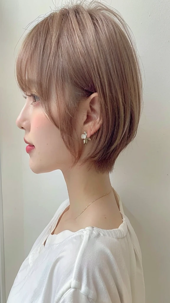 white wall、Taken in front of the white door、(A room with a white wall and a window)、(8K、Raw photo、highest quality、masterpiece:1.2)、High-definition RAW color photo、professional photos、(realistic、Photo realistic:1.37)、Shot in natural light、1 girl、laughter、Versatile poses、Spring clothes、 necklace、(Beautiful profile:1.3)、Don't look at the camera、profile、shortcut、((bright hair color))、short hair、Shot in natural light、High-tone hair color、earrings、Blouses in pastel colors