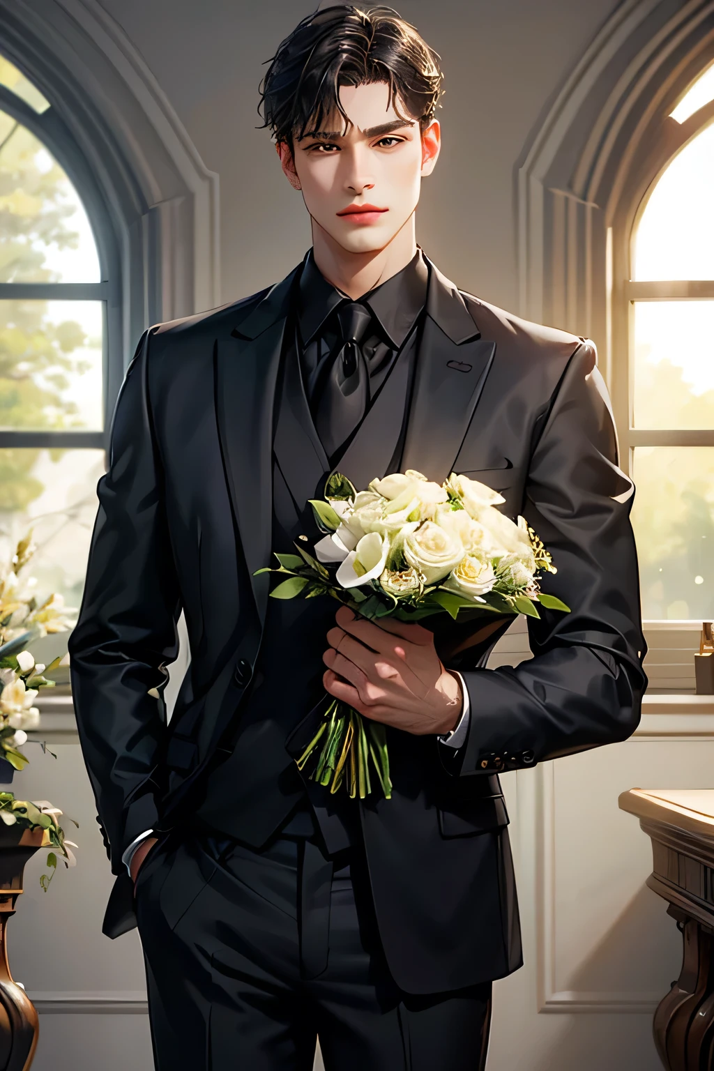1boy, male_focus, bouquet, solo, flower, holding, black_hair, formal, holding_bouquet, hand_in_pocket, suit, jacket, looking_at_viewer, black_pants, black_jacket, pants, realistic, shirt, white_shirt, window, collared_shirt, standing, blurry_background, blurry, brown_eyes, black_suit, white_flower