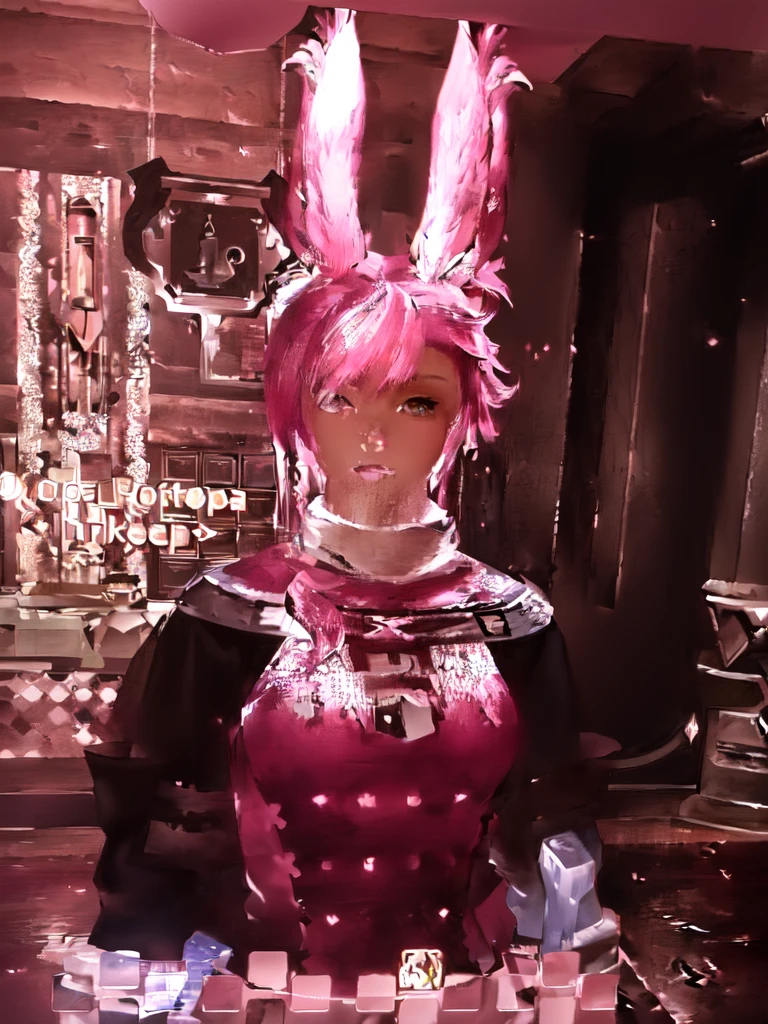 There is a woman with pink hair and bunny ears standing in a room, final fantasy style 14, final fantasy 14 sharp, neferpitou, Final Fantasy XIV, Final Fantasy 1 4 screenshot, She is in the potions workshop, wearing cyber bunny ears, ffxiv, close-up portrait of an artificer, Final Fantasy 1 4, tiflin hermosa con su traje de caballera negra sosteniendo una espada en un lobby del juego y pose de guerrera
