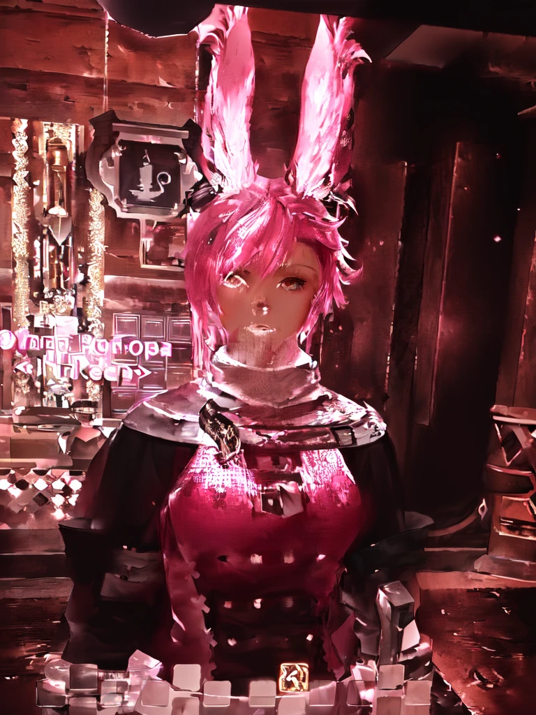 There is a woman with pink hair and  ears standing in a room, final fantasy style 14, final fantasy 14 sharp, neferpitou, Final Fantasy XIV, Final Fantasy 1 4 screenshot, She is in the potions workshop, wearing cyber  ears, ffxiv, close-up portrait of an artificer, Final Fantasy 1 4, tiflin hermosa con su traje de caballera negra sosteniendo una espada en un lobby del juego y pose de guerrera