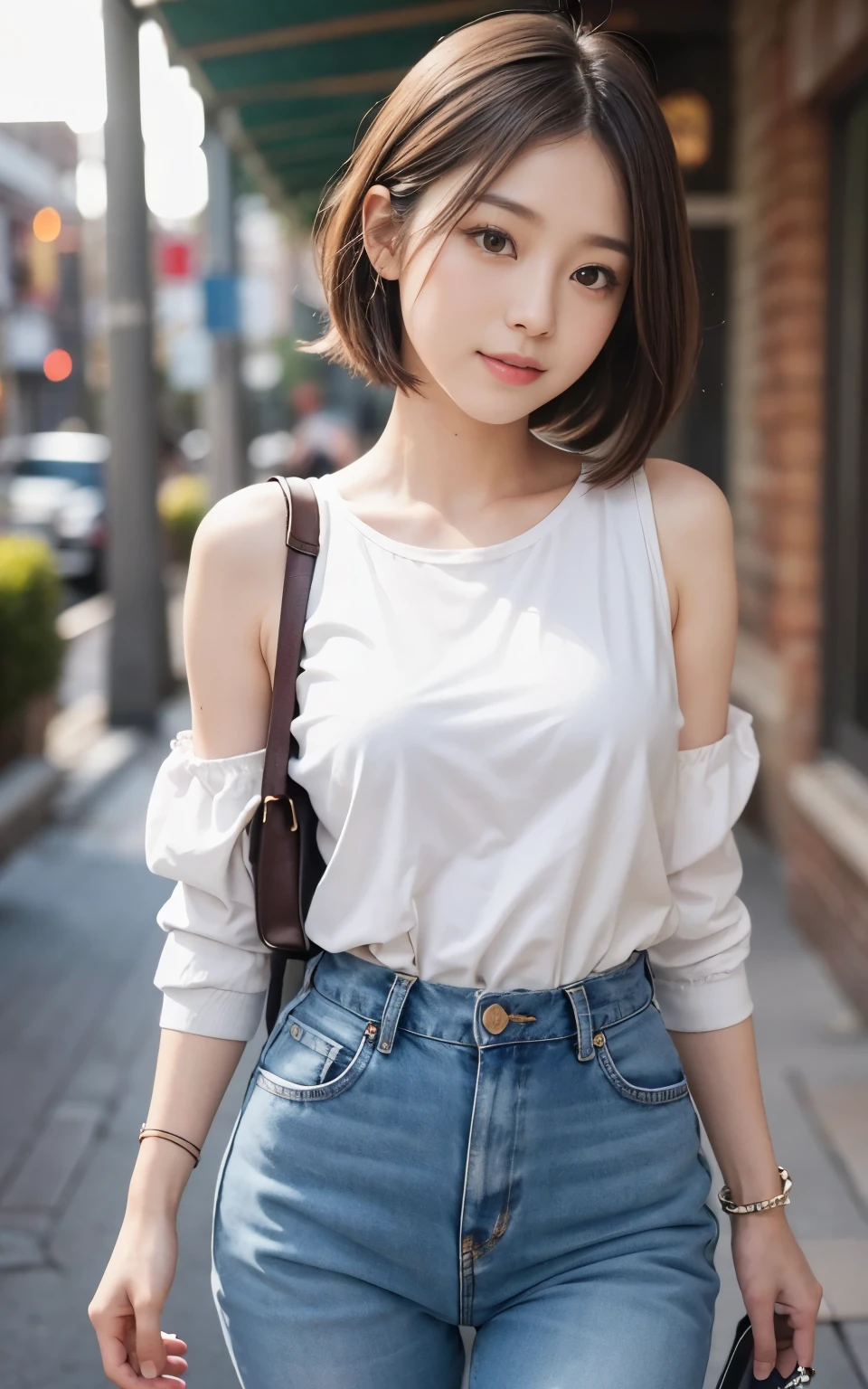 Cute 21 year old Japanese、University、School、campus、Ultra-detailed facial features、Attention to detail、double eyelid、Beautiful and thin nose、Sharp Focus:1.2、beauty:1.4、(Light Brown Hair、Short Hair、)、Pure white skin、Highest quality、masterpiece、超High resolution、(Photorealistic:1.4)、High resolution、Professional Lighting、nice smile、please show me your whole body、Casual pants、Spring Clothes、