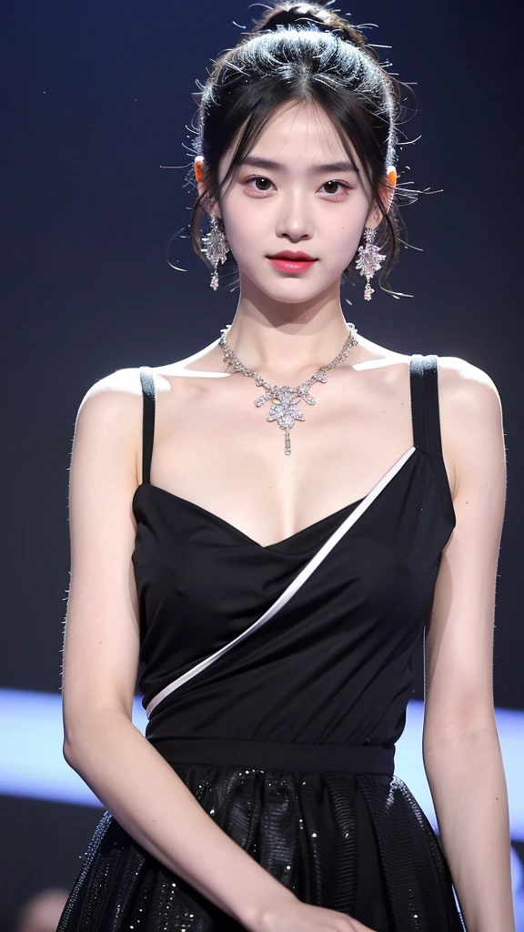 (Extra detailed body、The face is rich in detail、Best quality:1.2)、20-year-old sweet girl、Looking at the audience、（Quirky stylish、Large shoulder-length piercing、A necklace、Contrast purple, White and black clothes、Asymmetry：1.1)，Large 