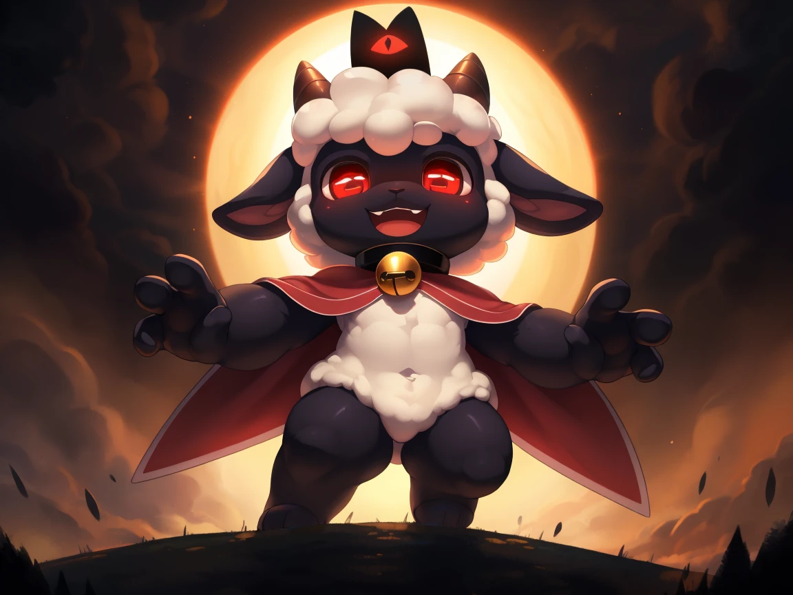 male anthro sheep, cub, (chibi), cute-fine-face, ultra cute face, cute, glossy black skin, shiny white wool, glossy black fur, ((floating)), in the air, triumphant pose, ((reflective eyes)), expressive eyes, detailed big hands, red crown, golden bell collar, detailed red cape, (horizontal pupils), red eyes, glossy black horns, glossy wool, body wool, leg wool, arm wool, evil laugh, Very good figure, best quality, highres, 16k, Natural soft light, Tyndall effect, Advanced film lighting, Unreal Engine5, Extremely realistic, A high resolution, perfect masterpiece, high quality, high resolution