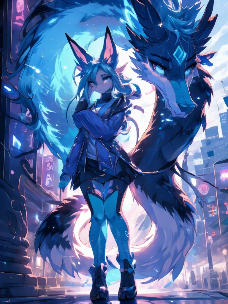 anime girl,tennage girl 18 years old, anime style, cute hatsune miku x suicune, centaurys girl,shy girl , kitsune ears, dark natasha art, city landscape, art by vixen aztra, full body high definition in details the best image quality, beautiful legs