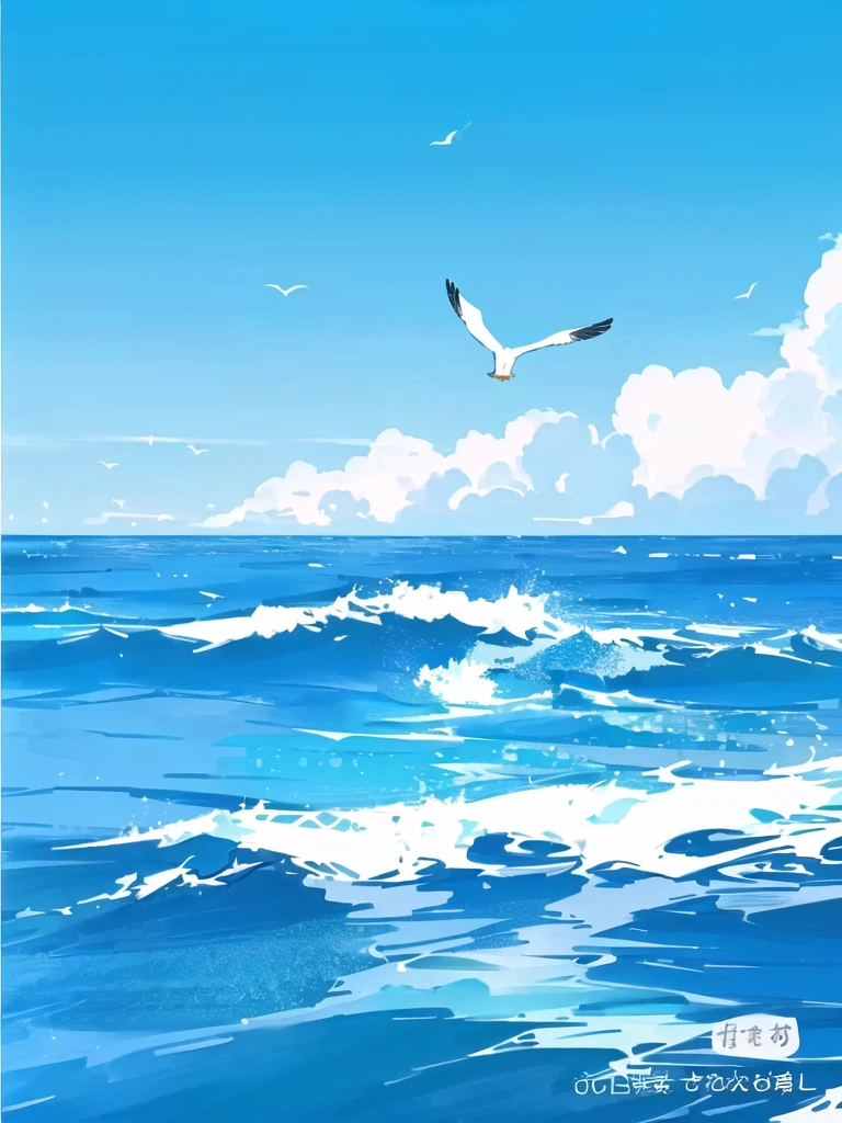 there are two seagulls Flying over the ocean on a sunny day, wild Ocean background, Sea background, Ocean background, Wallpaper Anime Blue Water, Beautiful Ocean, Blue Sea, sky and Ocean background, Sea and sky, Rough Seas, Flying over the ocean, Clouds、Wings and waves, Bright sea, Detailed sea, Beautiful sea view, realistic ocean, blue ocean,Seagull flying