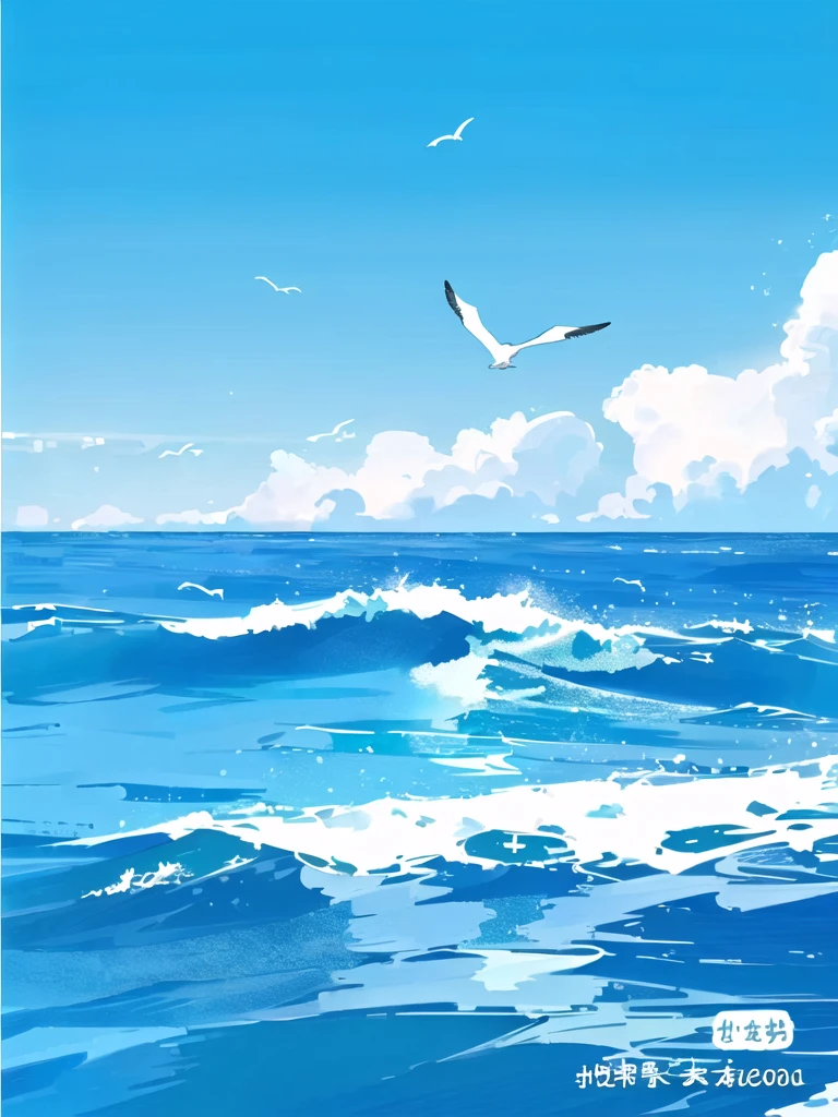 there are two seagulls Flying over the ocean on a sunny day, wild Ocean background, Sea background, Ocean background, Wallpaper Anime Blue Water, Beautiful Ocean, Blue Sea, sky and Ocean background, Sea and sky, Rough Seas, Flying over the ocean, Clouds、Wings and waves, Bright sea, Detailed sea, Beautiful sea view, realistic ocean, blue ocean,Seagull flying