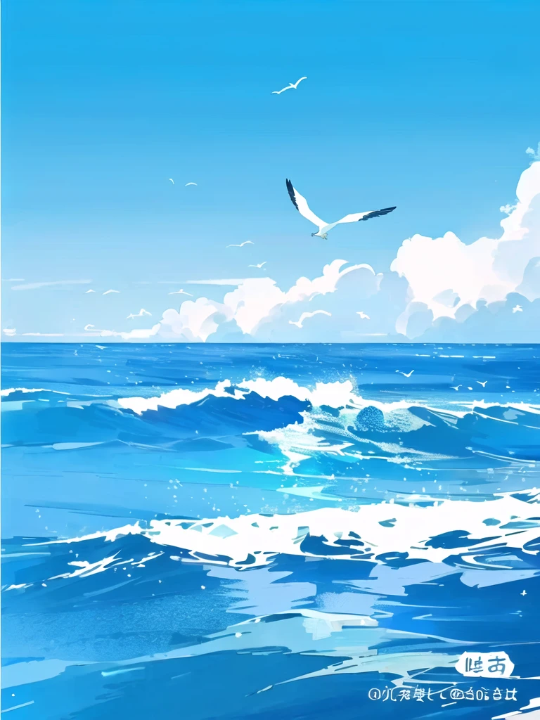 there are two seagulls Flying over the ocean on a sunny day, wild Ocean background, Sea background, Ocean background, Wallpaper Anime Blue Water, Beautiful Ocean, Blue Sea, sky and Ocean background, Sea and sky, Rough Seas, Flying over the ocean, Clouds、Wings and waves, Bright sea, Detailed sea, Beautiful sea view, realistic ocean, blue ocean,Seagull flying